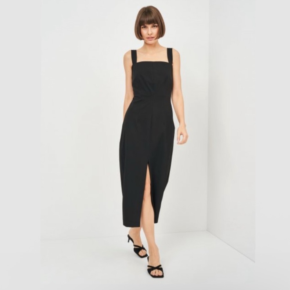 Zara Square Neck Black Midi Dress with Front Slit